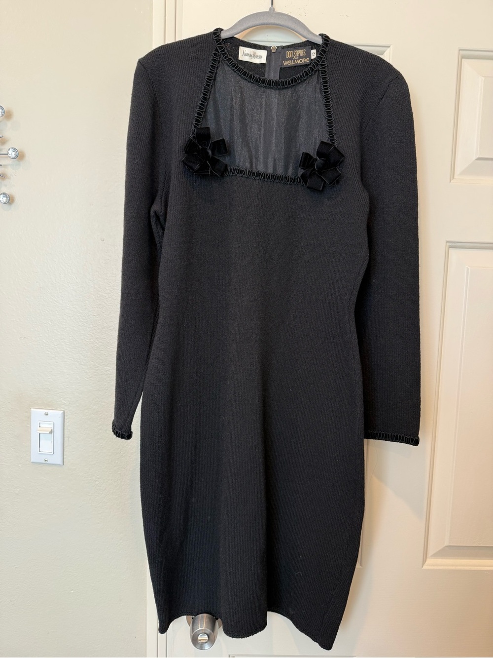 Vintage Black Sweater Dress with Sheer Yoke and Rosette Accents